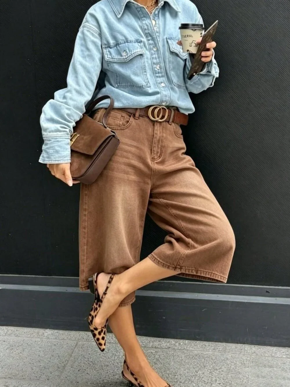 brown Women's Casual Denim Bermuda Shorts with Pockets